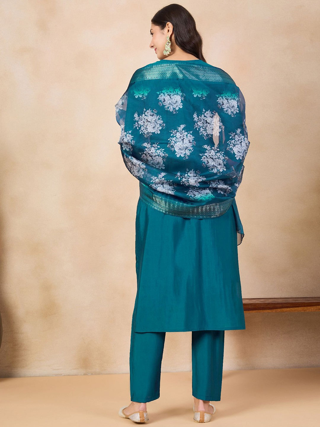 Rama Green Embroidered Chanderi Kurta Pant Set