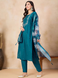 Rama Green Embroidered Chanderi Kurta Pant Set