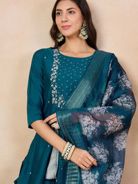 Rama Green Embroidered Chanderi Kurta Pant Set