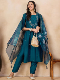 Rama Green Embroidered Chanderi Kurta Pant Set