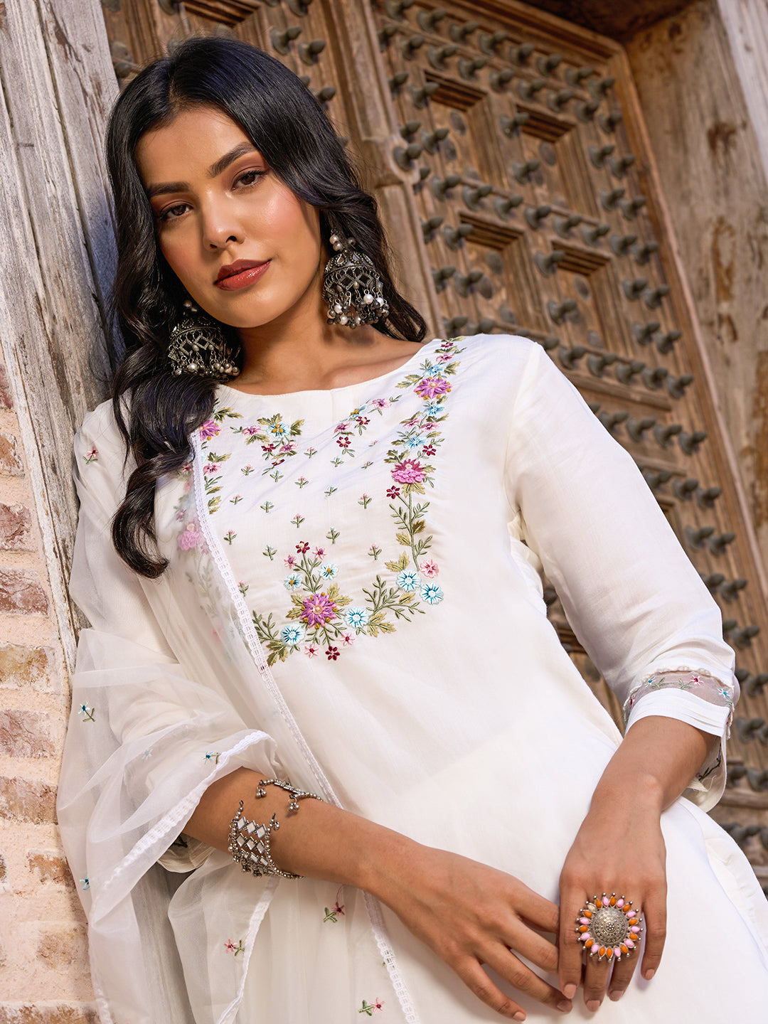 White Embroidered Chanderi Kurta Pant Set