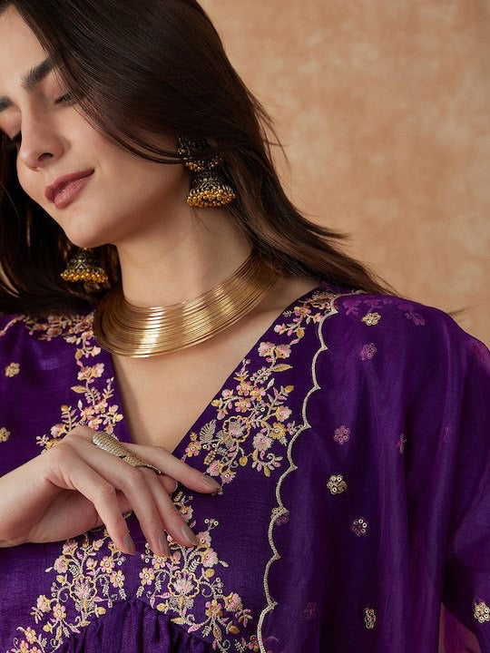 Wine Aura Chanderi Suit Set