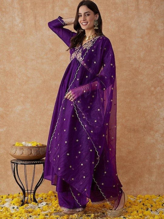 Wine Aura Chanderi Suit Set