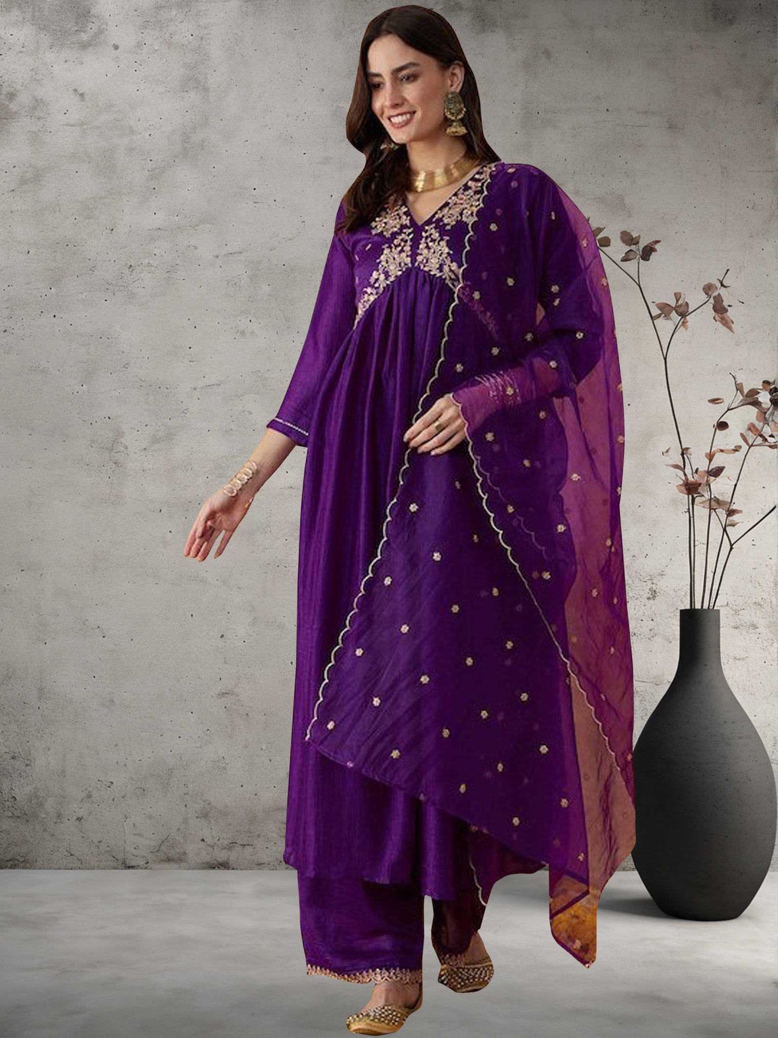 Wine Aura Chanderi Suit Set