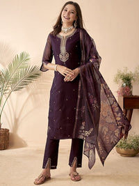 Wine Embroidered Chanderi Suit Set