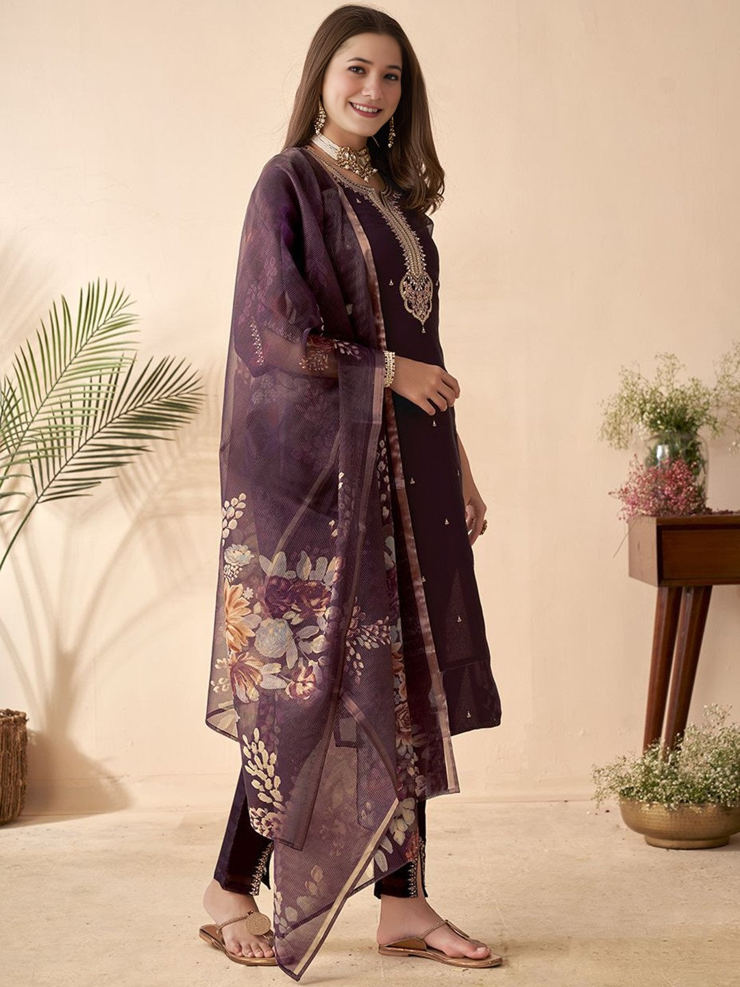 Wine Embroidered Chanderi Suit Set