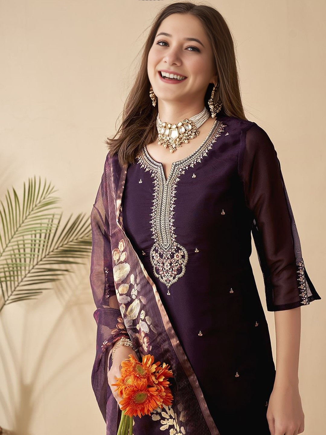 Wine Embroidered Chanderi Suit Set