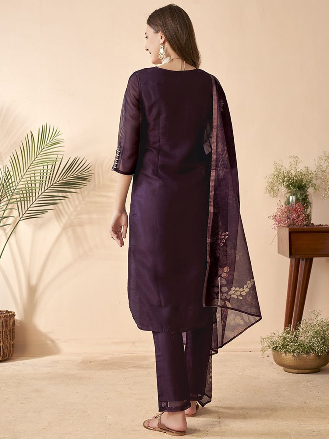 Wine Embroidered Chanderi Suit Set