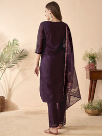 Wine Embroidered Chanderi Suit Set
