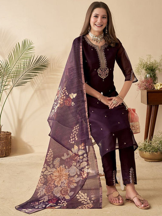 Wine Embroidered Chanderi Suit Set