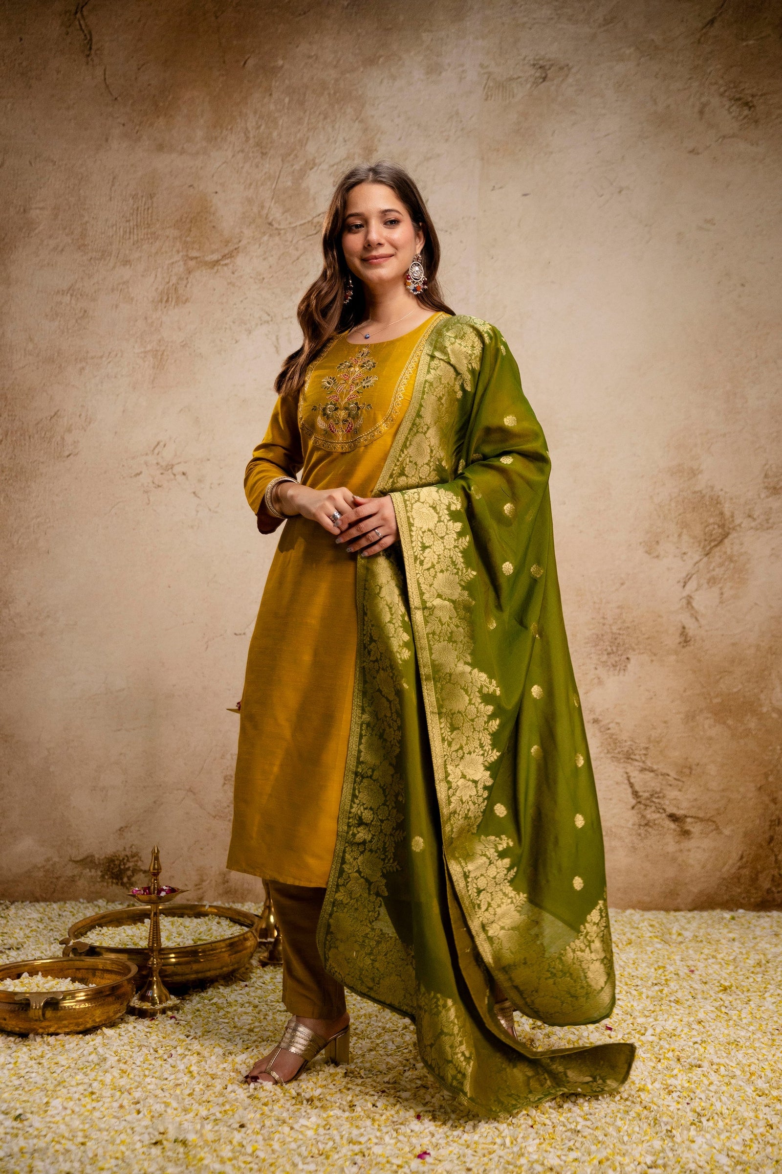 Mustard Yellow Embroidered Kurta Pant Set