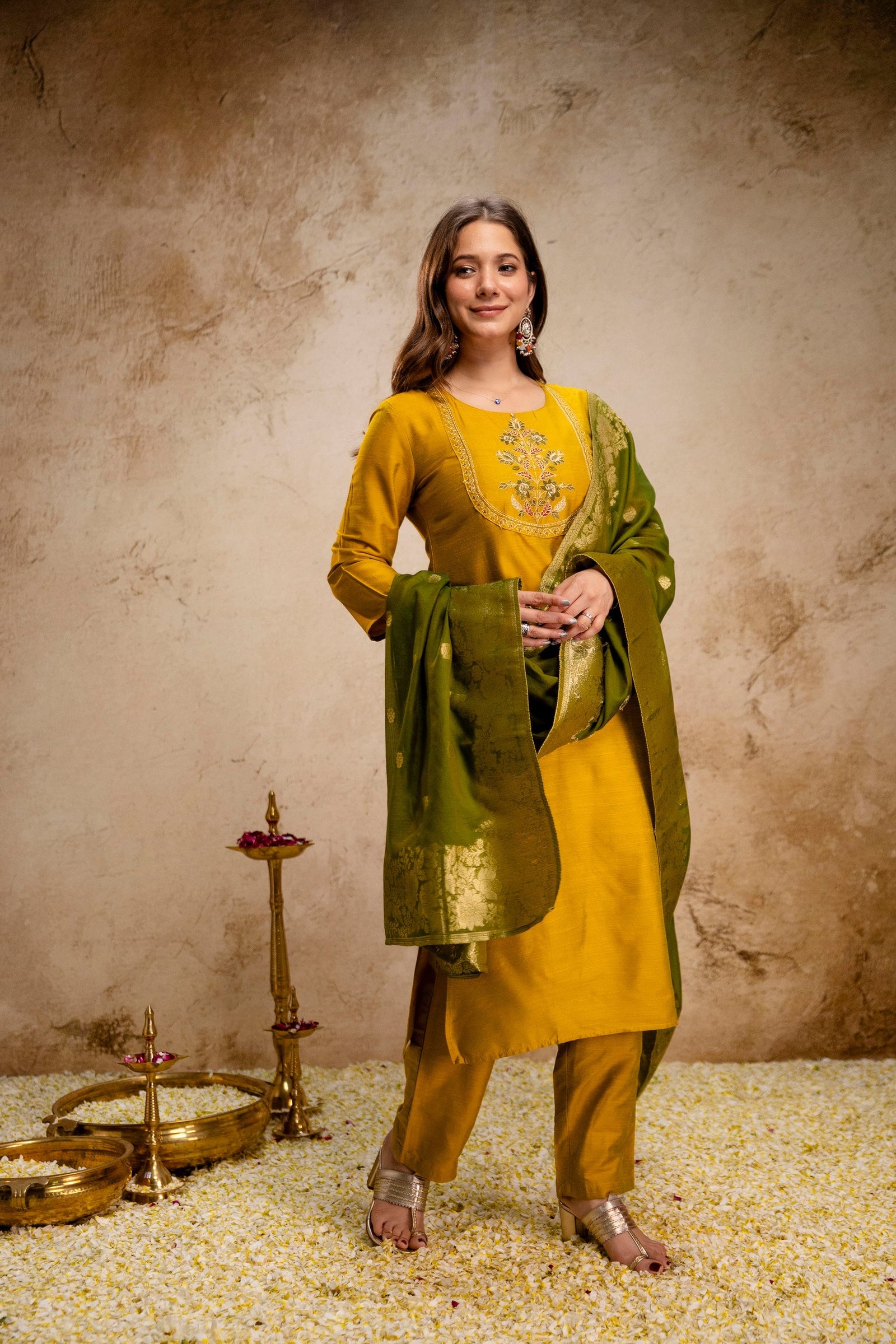 Mustard Yellow Embroidered Kurta Pant Set