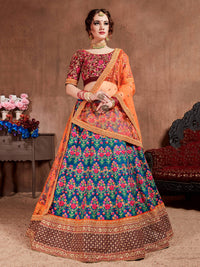 Navy Blue Mulberry Silk Embroidered Lehenga Choli