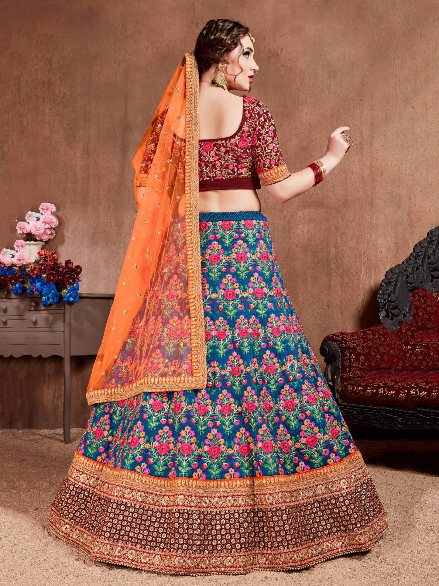 Navy Blue Mulberry Silk Embroidered Lehenga Choli