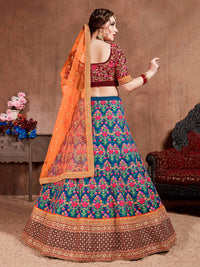 Navy Blue Mulberry Silk Embroidered Lehenga Choli