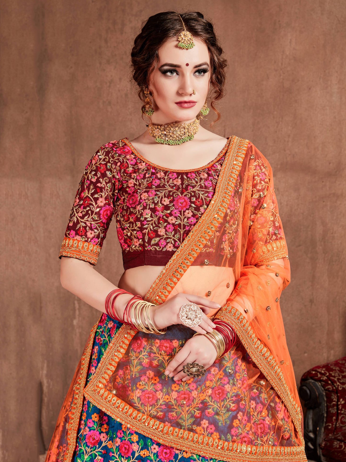 Navy Blue Mulberry Silk Embroidered Lehenga Choli