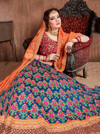 Navy Blue Mulberry Silk Embroidered Lehenga Choli