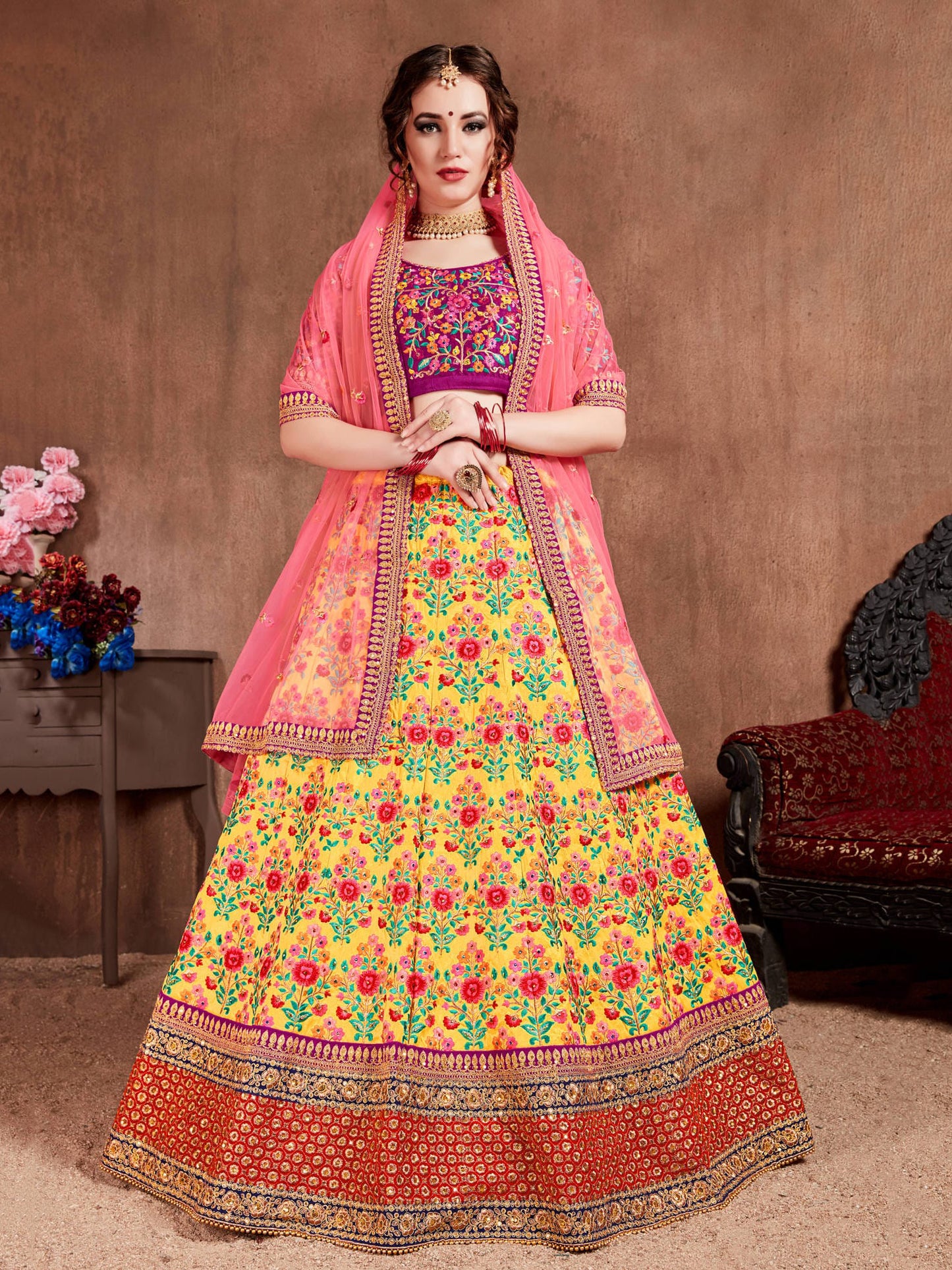 Yellow Mulberry Silk Embroidered Lehenga Choli