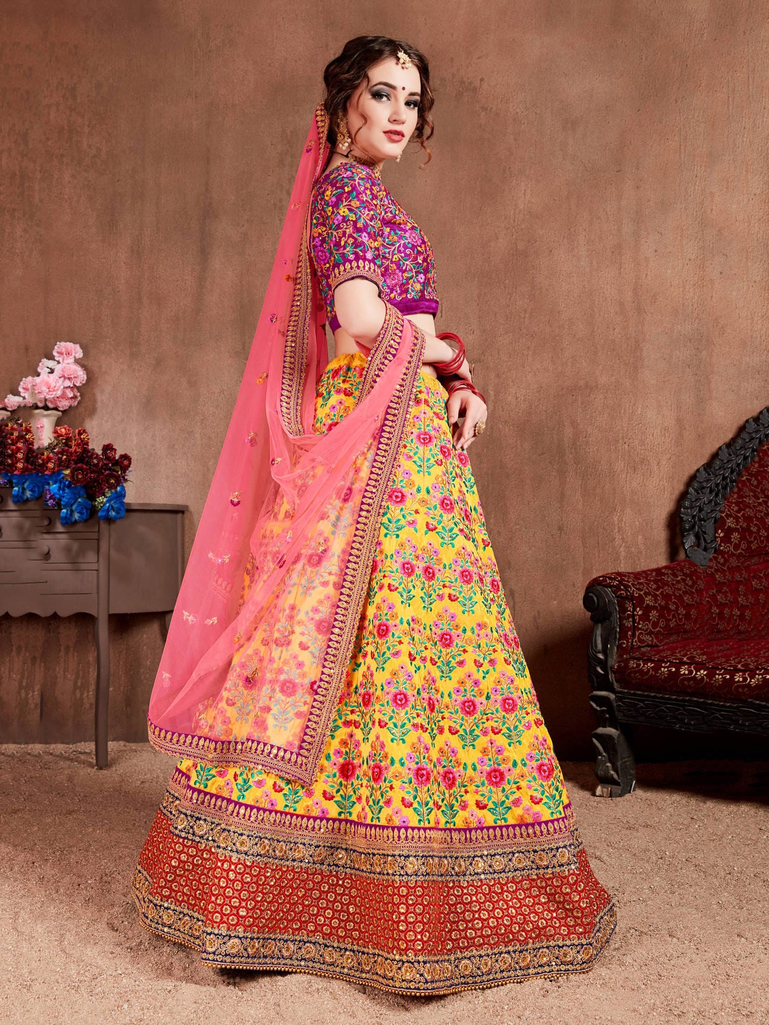 Yellow Mulberry Silk Embroidered Lehenga Choli