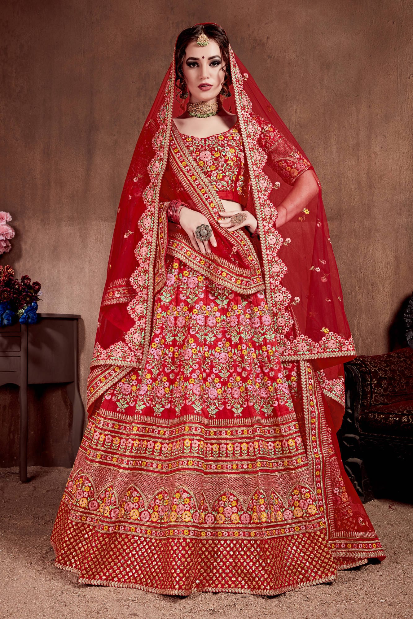 Carmine Red Mulberry Silk Embroidered Lehenga Choli