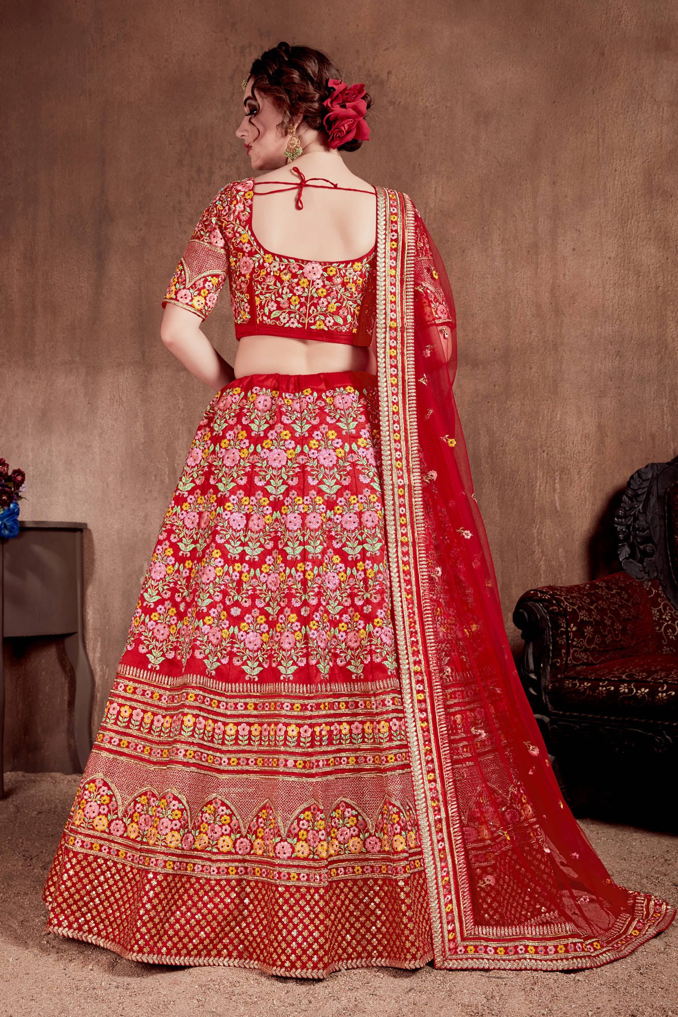 Carmine Red Mulberry Silk Embroidered Lehenga Choli
