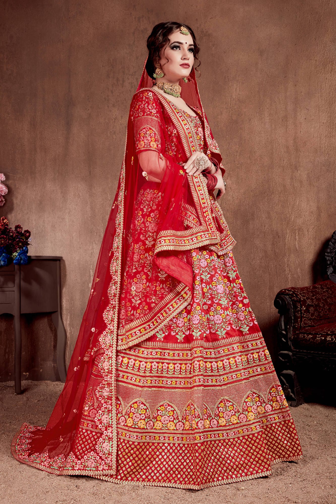 Carmine Red Mulberry Silk Embroidered Lehenga Choli