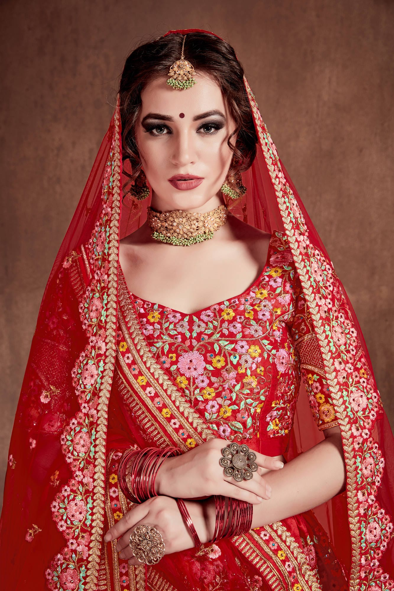 Carmine Red Mulberry Silk Embroidered Lehenga Choli