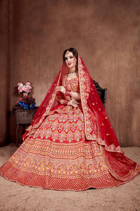 Carmine Red Mulberry Silk Embroidered Lehenga Choli
