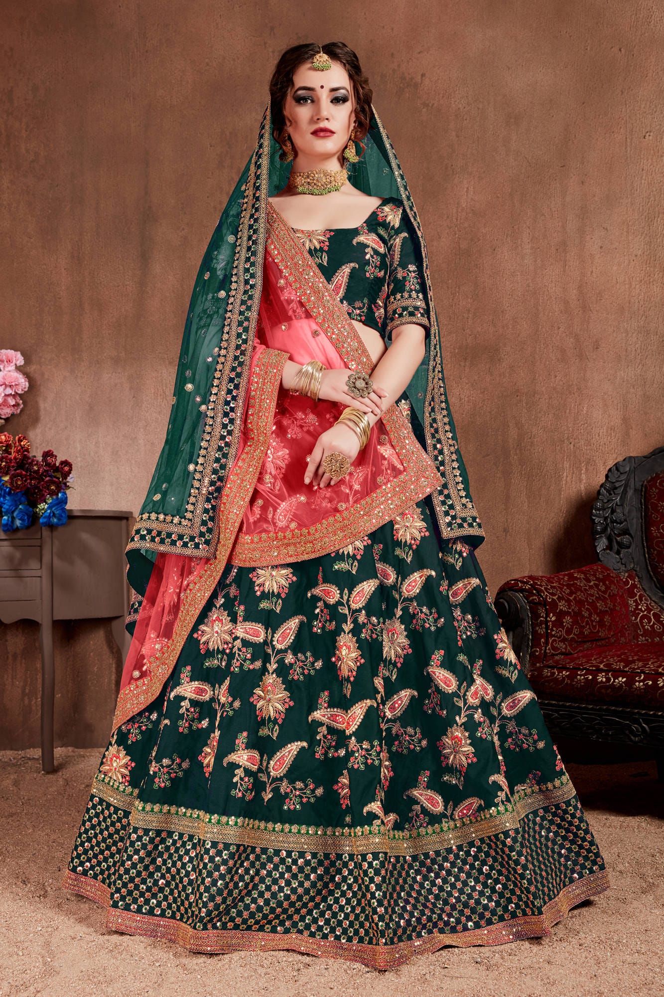 Dark Green Taffeta Silk Embroidered Lehenga Choli