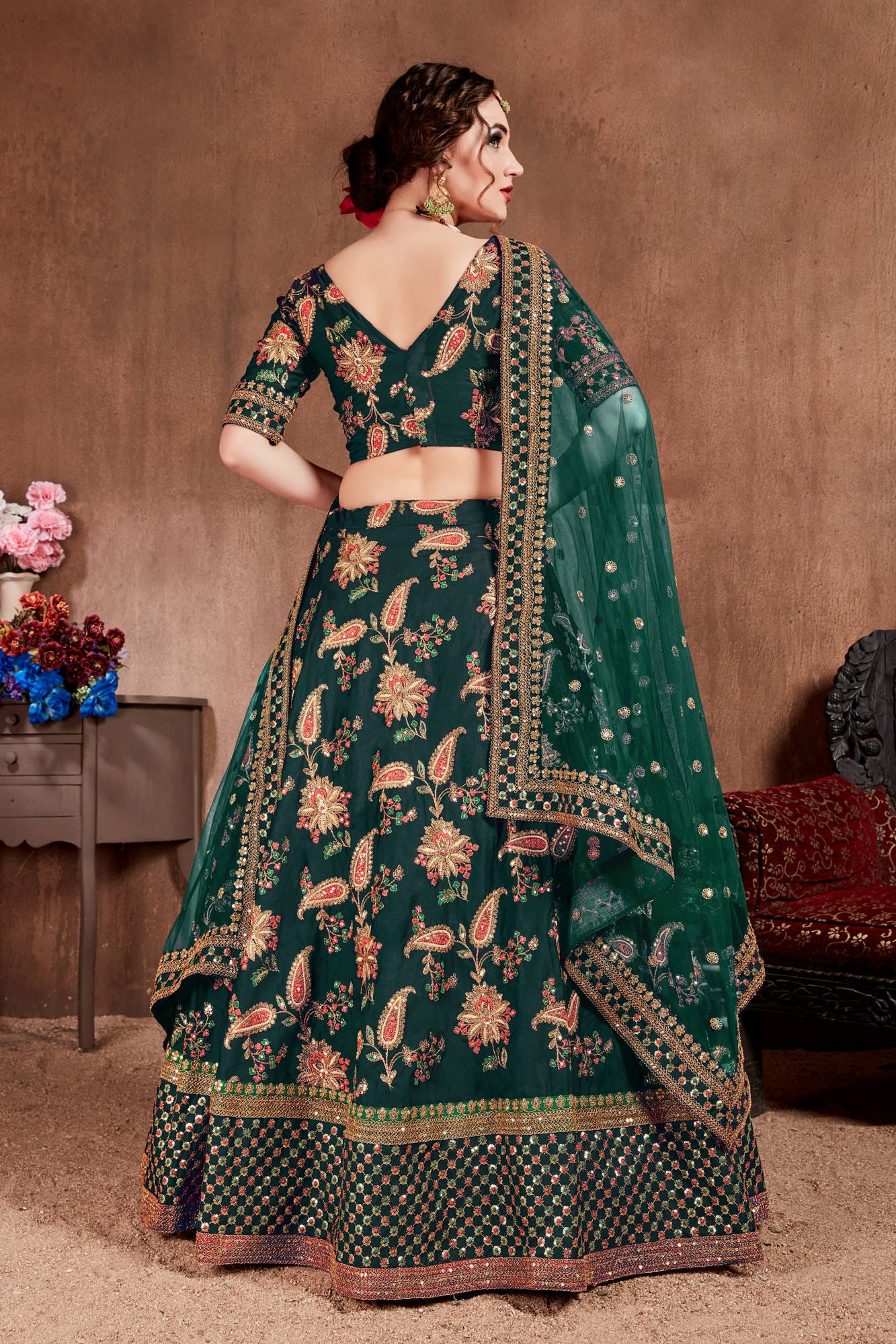 Dark Green Taffeta Silk Embroidered Lehenga Choli