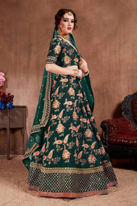 Dark Green Taffeta Silk Embroidered Lehenga Choli