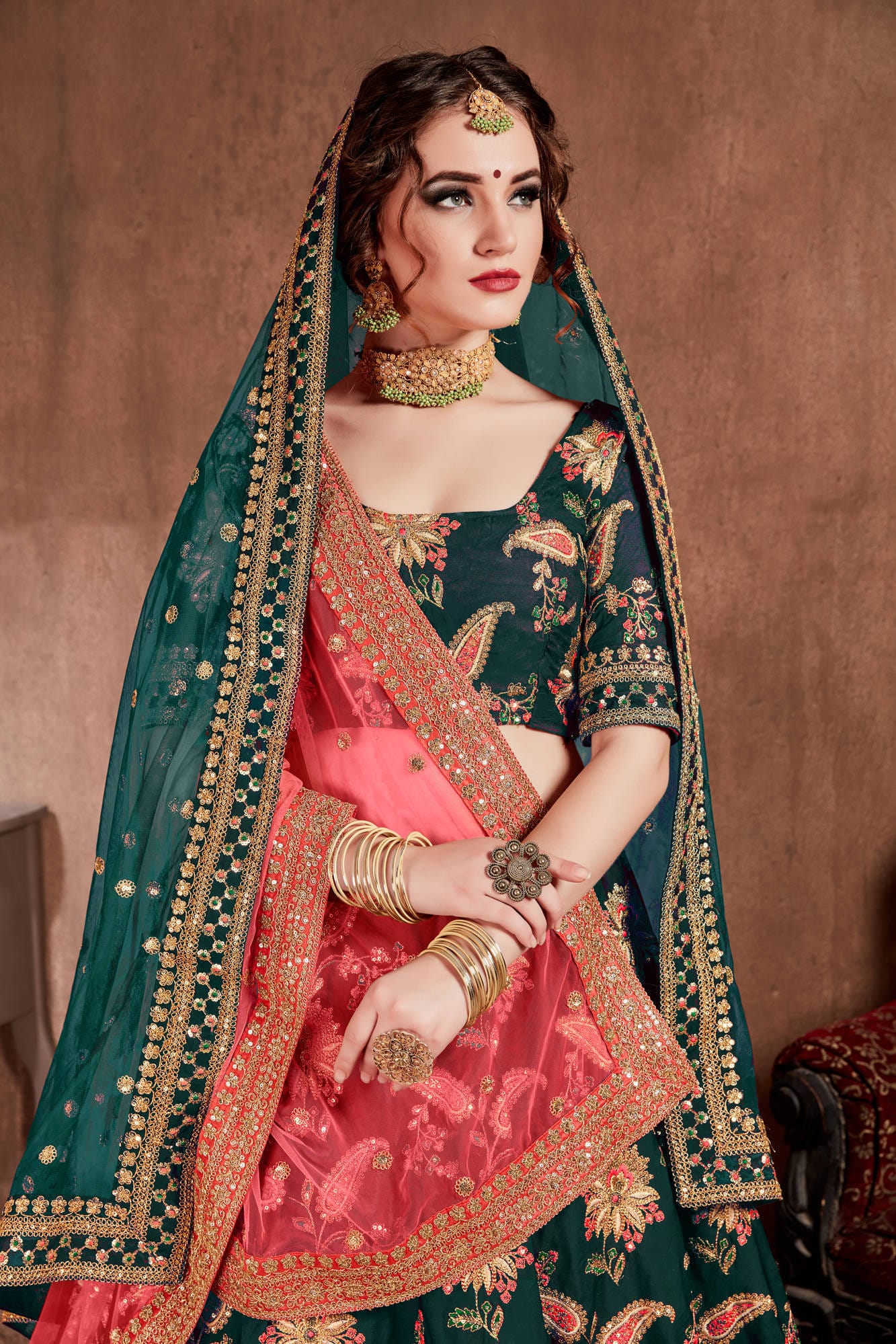 Dark Green Taffeta Silk Embroidered Lehenga Choli