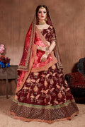 Dark Maroon Taffeta Silk Embroidered Lehenga Choli