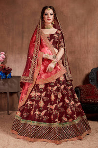 Dark Maroon Taffeta Silk Embroidered Lehenga Choli