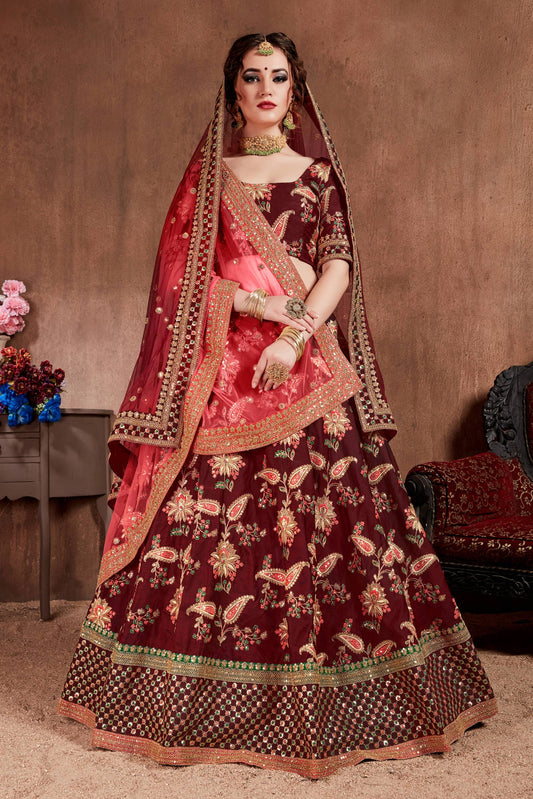 Dark Maroon Taffeta Silk Embroidered Lehenga Choli