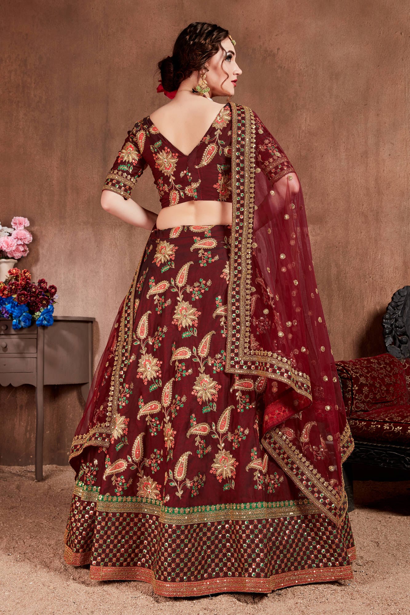 Dark Maroon Taffeta Silk Embroidered Lehenga Choli