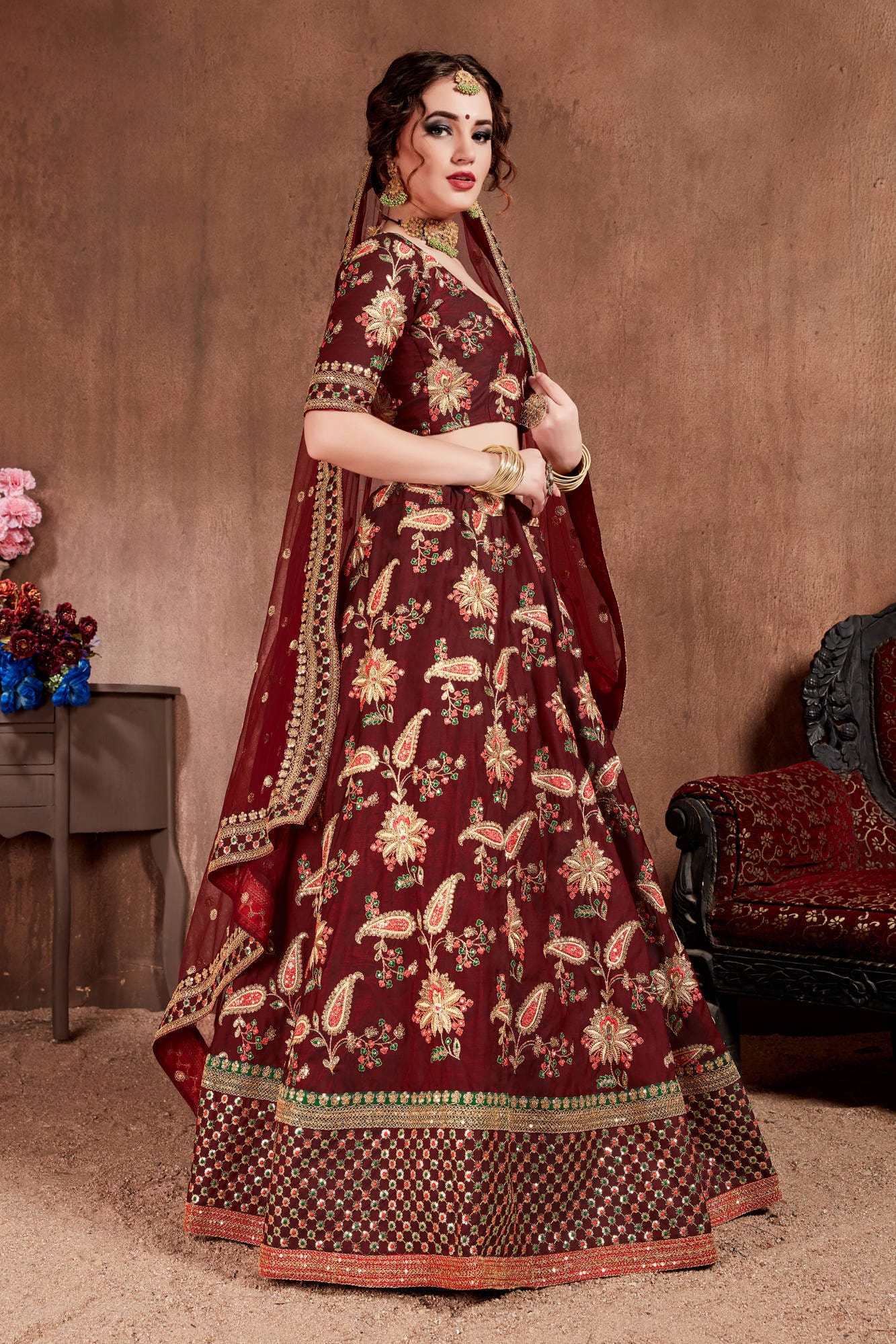 Dark Maroon Taffeta Silk Embroidered Lehenga Choli