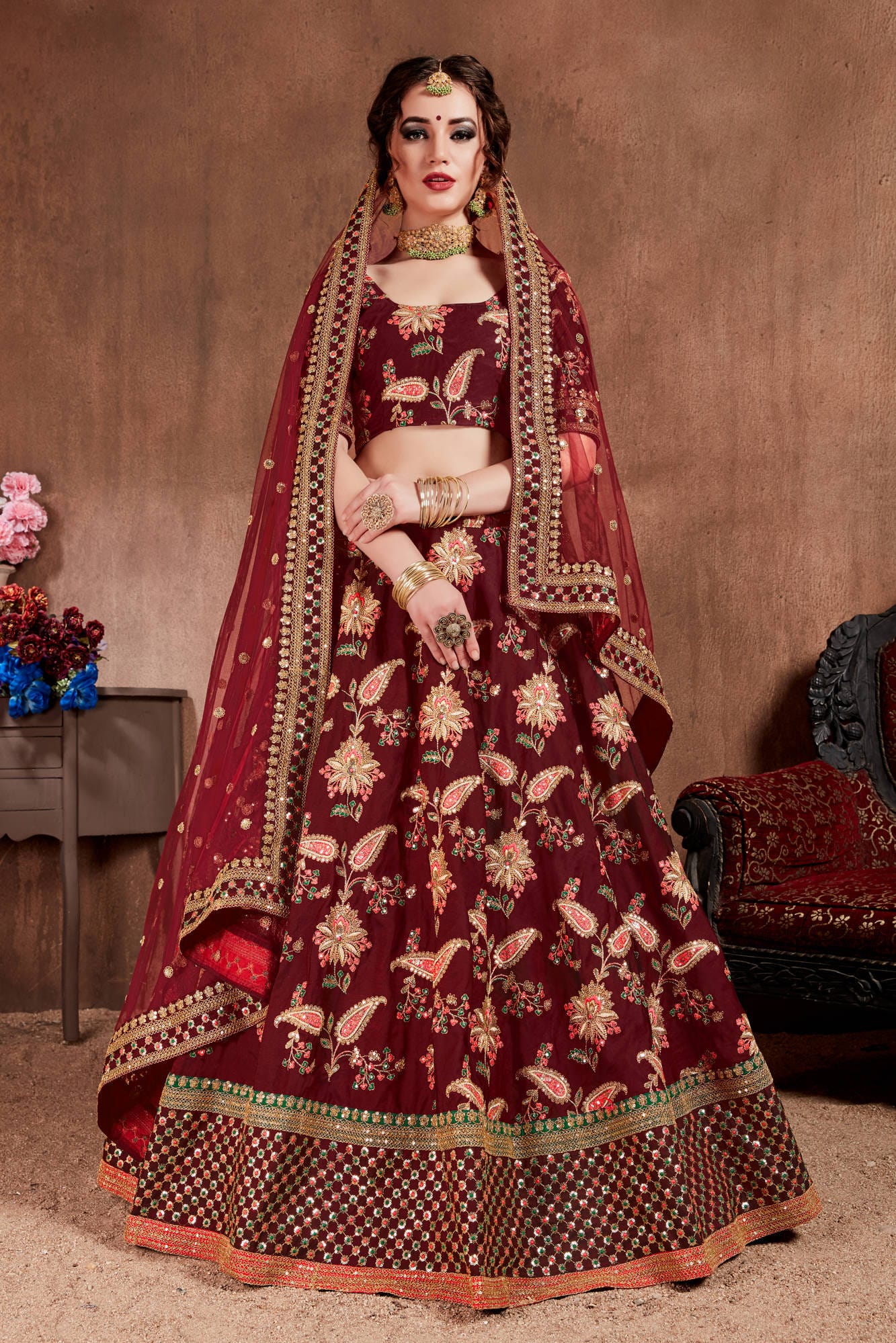 Dark Maroon Taffeta Silk Embroidered Lehenga Choli