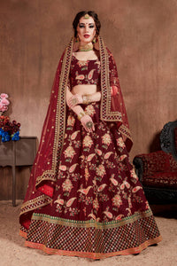 Dark Maroon Taffeta Silk Embroidered Lehenga Choli