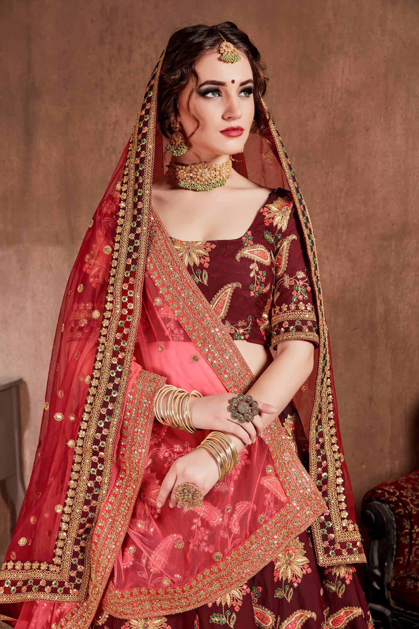 Dark Maroon Taffeta Silk Embroidered Lehenga Choli