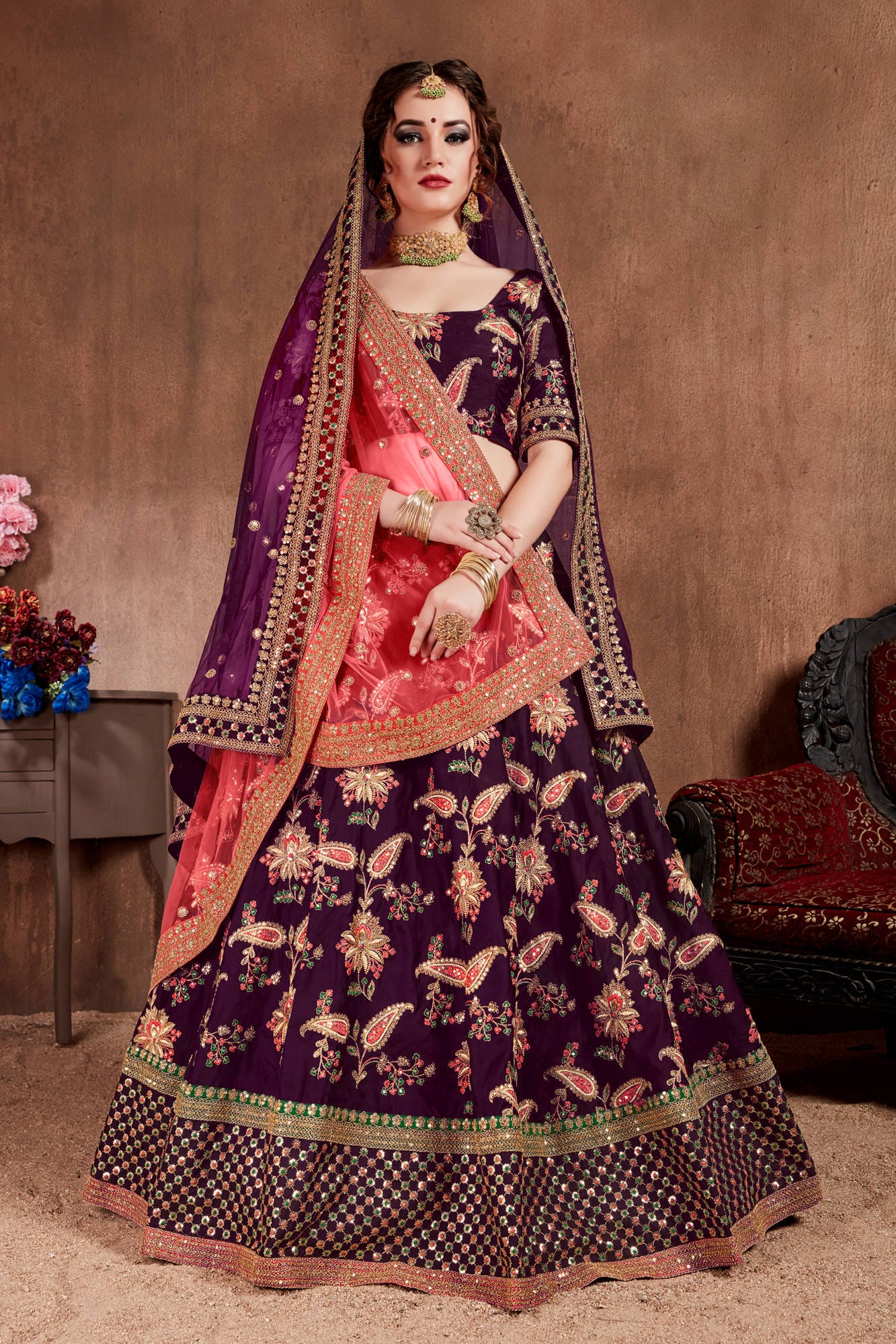 Dark Purple Taffeta Silk Embroidered Lehenga Choli