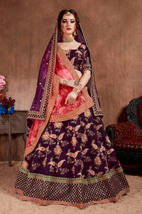 Dark Purple Taffeta Silk Embroidered Lehenga Choli