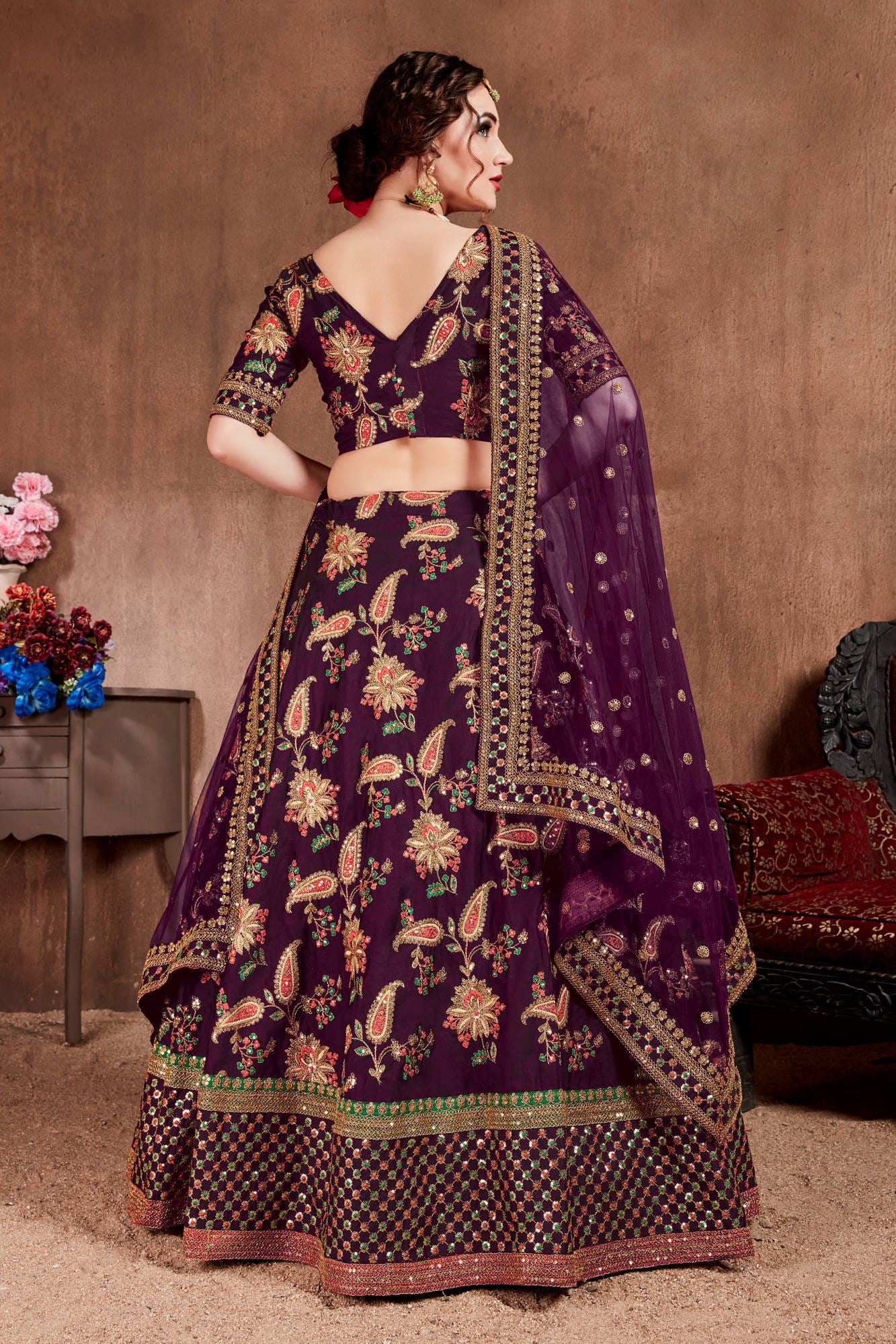 Dark Purple Taffeta Silk Embroidered Lehenga Choli