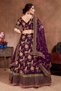 Dark Purple Taffeta Silk Embroidered Lehenga Choli