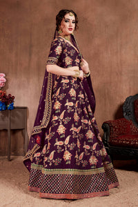 Dark Purple Taffeta Silk Embroidered Lehenga Choli
