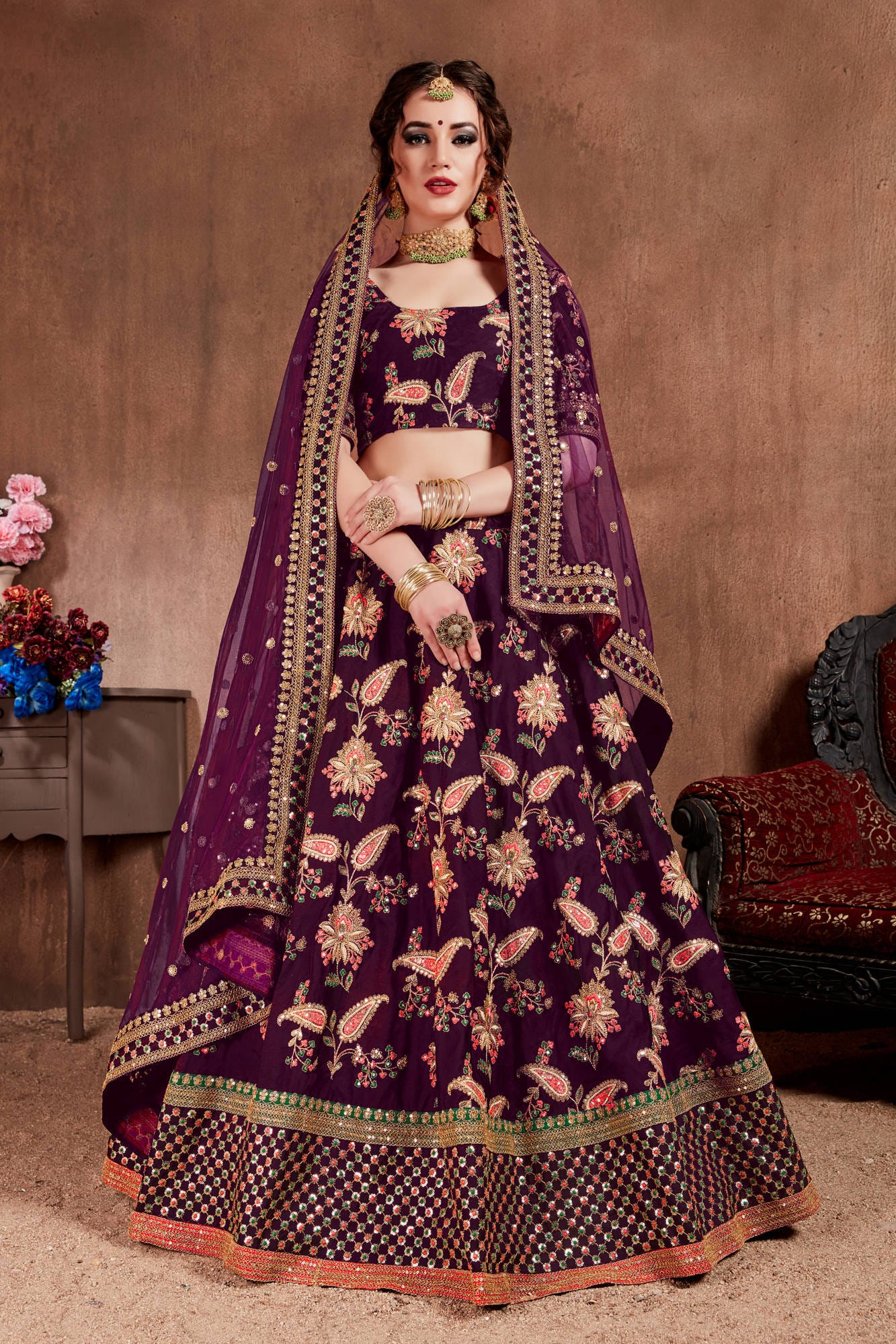 Dark Purple Taffeta Silk Embroidered Lehenga Choli