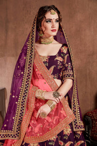 Dark Purple Taffeta Silk Embroidered Lehenga Choli