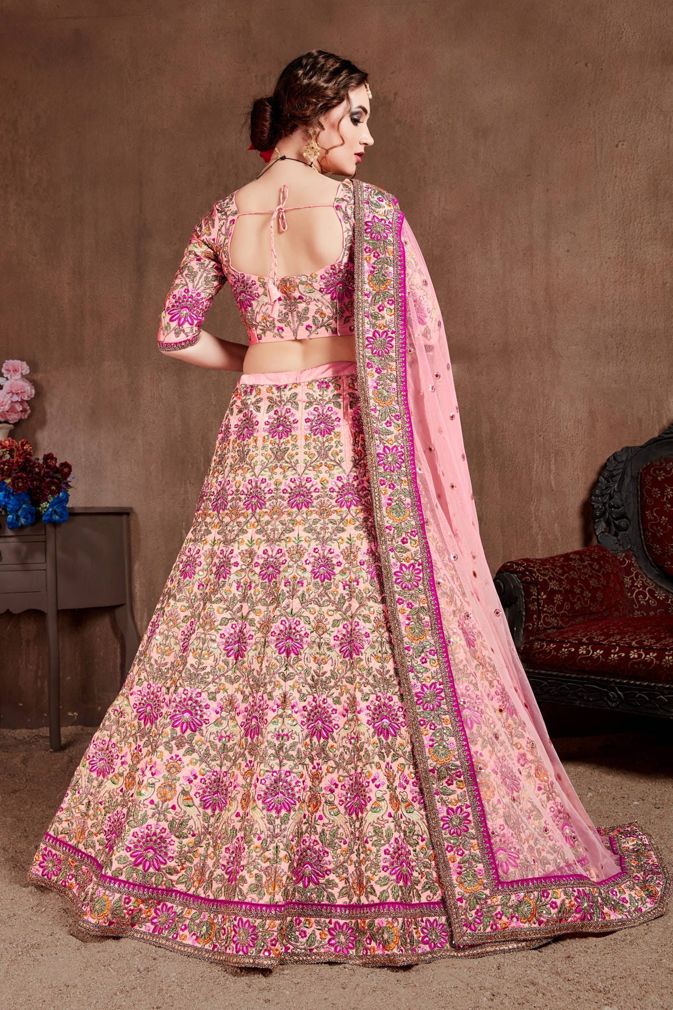 Pastel Pink Taffeta Silk Embroidered Lehenga Choli