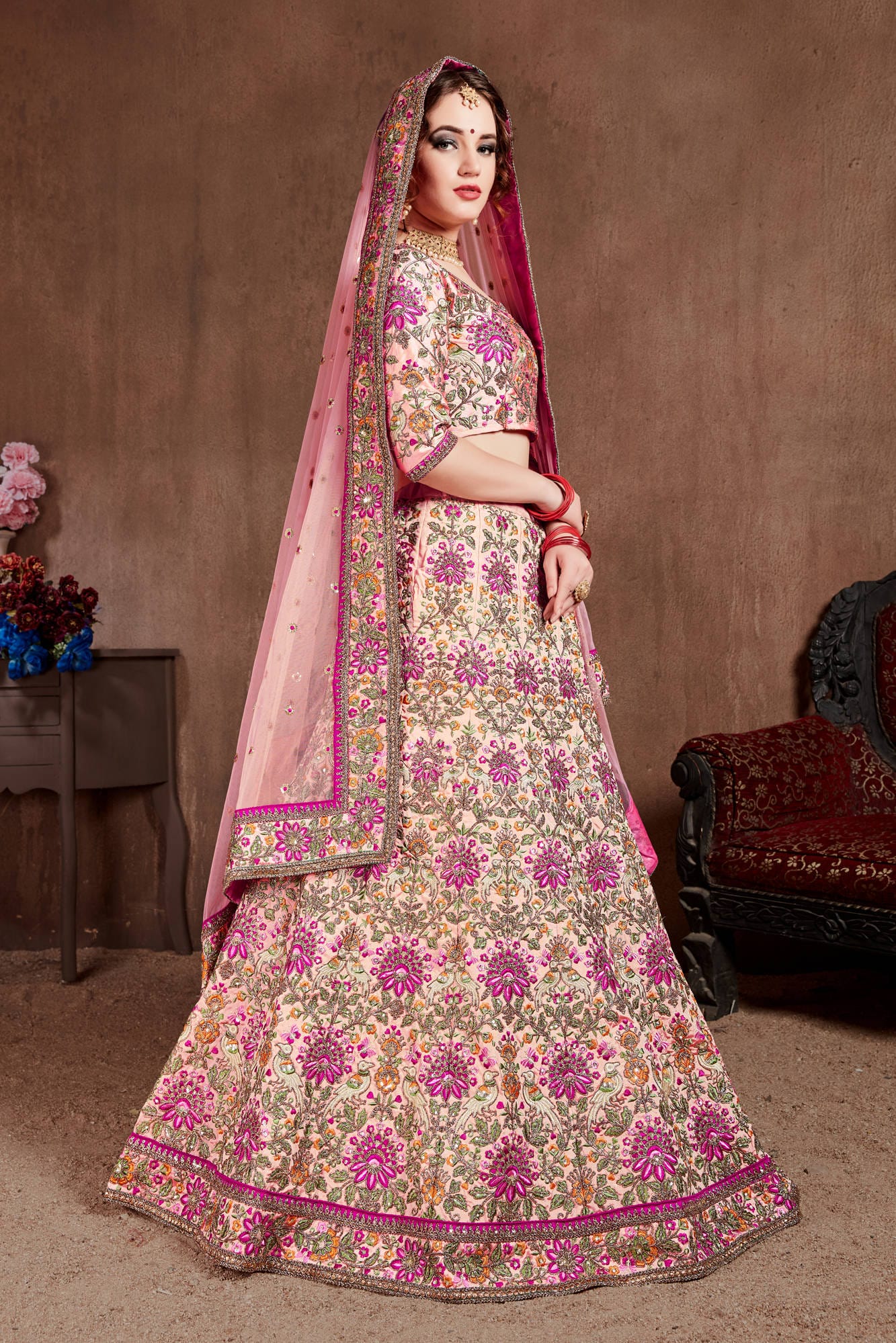 Pastel Pink Taffeta Silk Embroidered Lehenga Choli