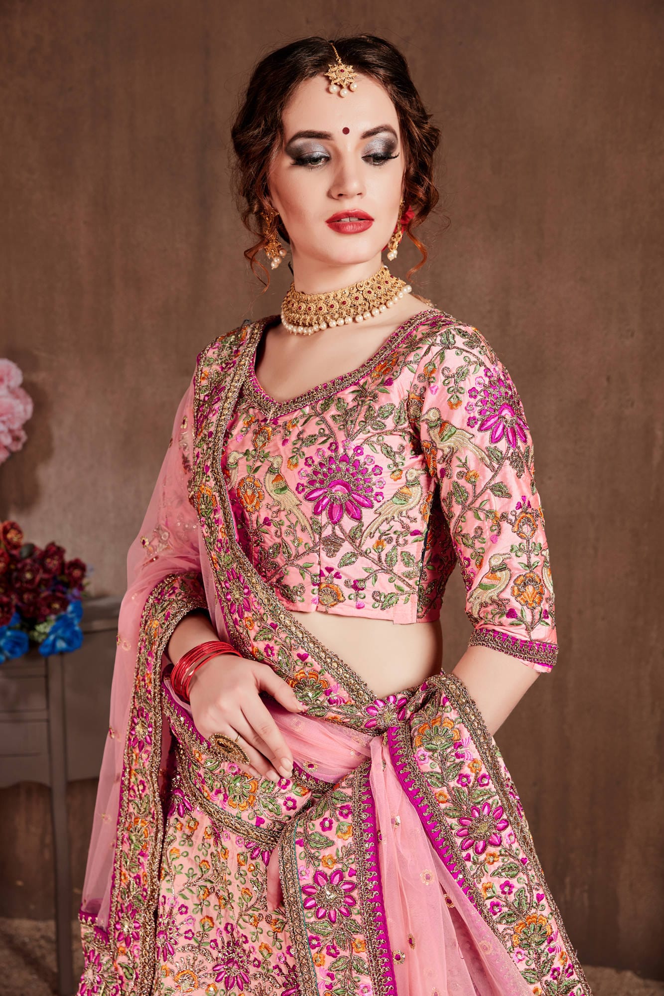 Pastel Pink Taffeta Silk Embroidered Lehenga Choli